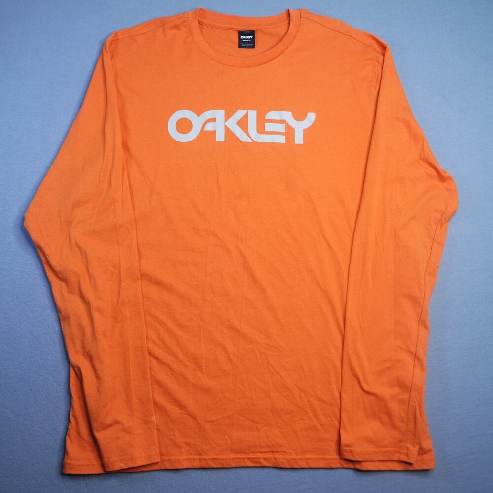 VTG Y2K Oakley Long Sleeve T-Shirt Graphic Orange Grey Mens Size 2XL 100% Cotton